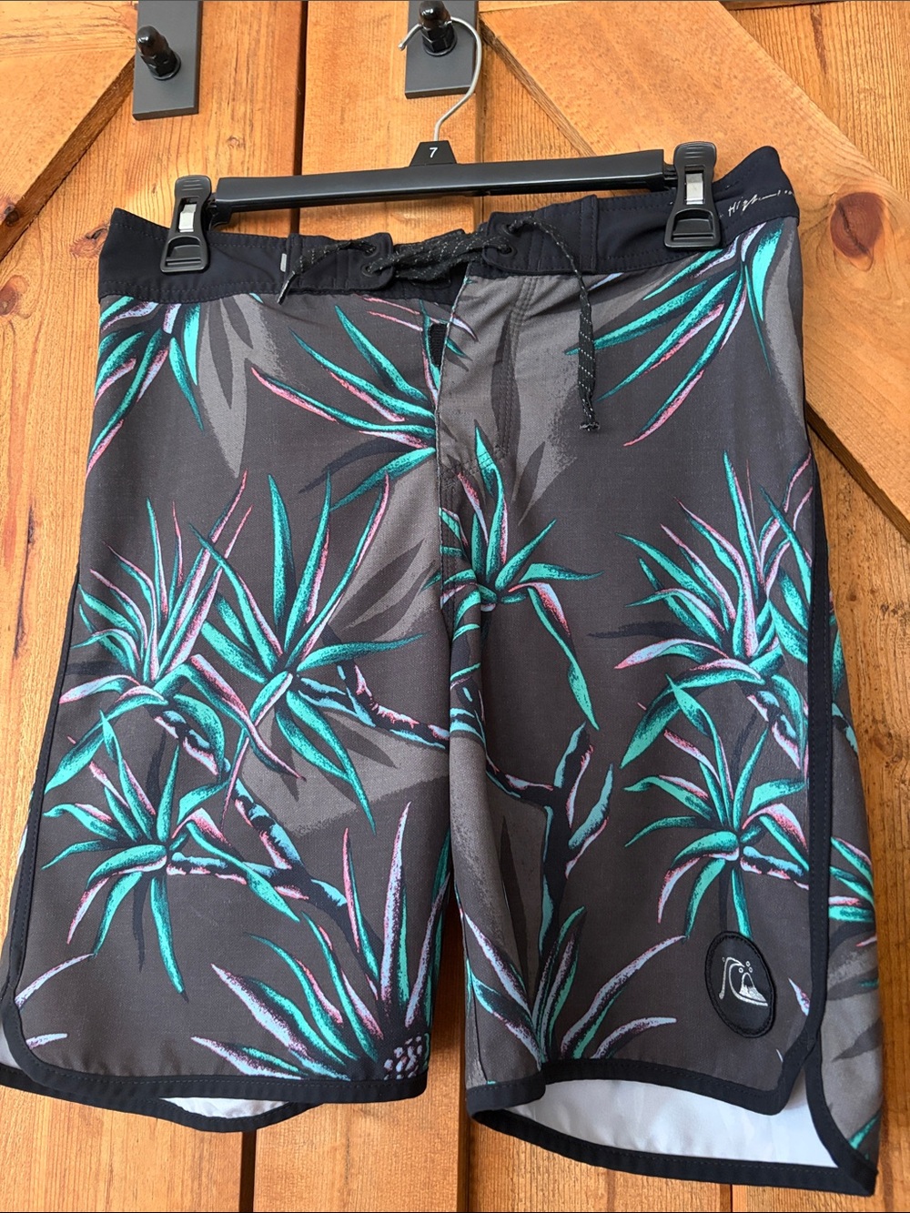 Quiksilver Black Boardshorts with Teal & Purple Leaf Print